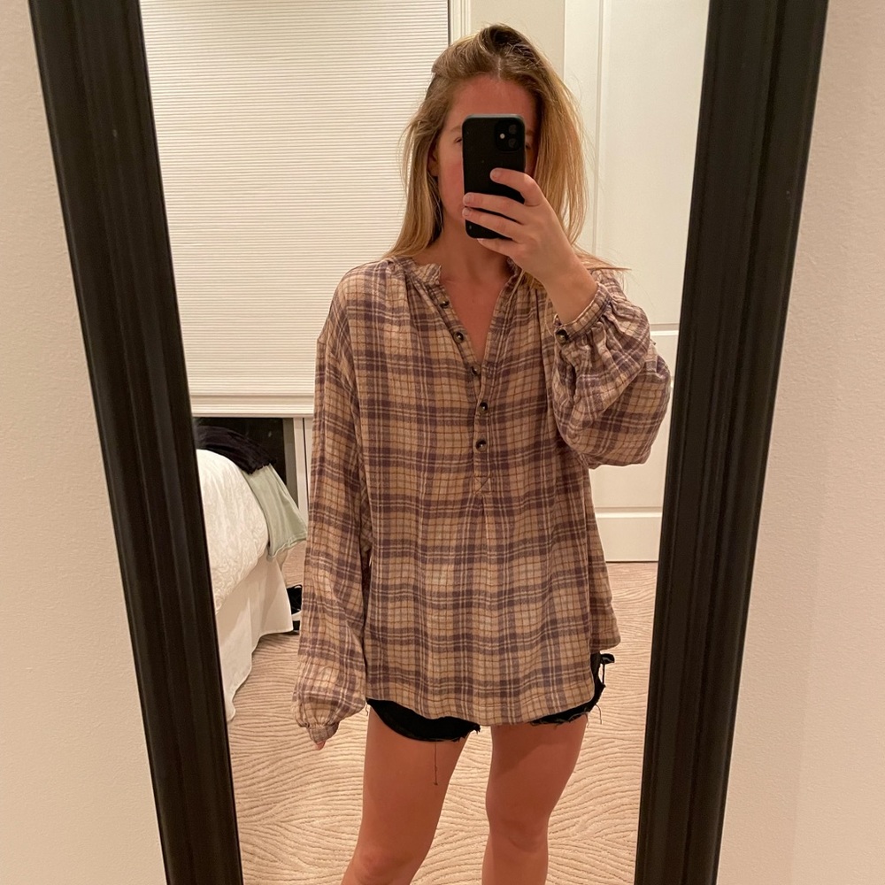 Free People Brown Flannel Blouse